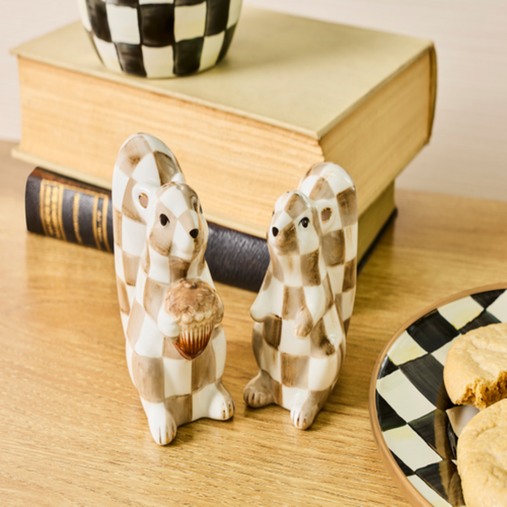 Mackenzie-Childs mocha check squirrel salt & pepper set