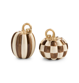 Mackenzie-Childs chocolate check and stripe petite pumpkins, set of 2
