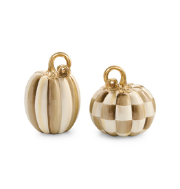 Mackenzie-Childs mocha check and stripe petite pumpkins, set of 2