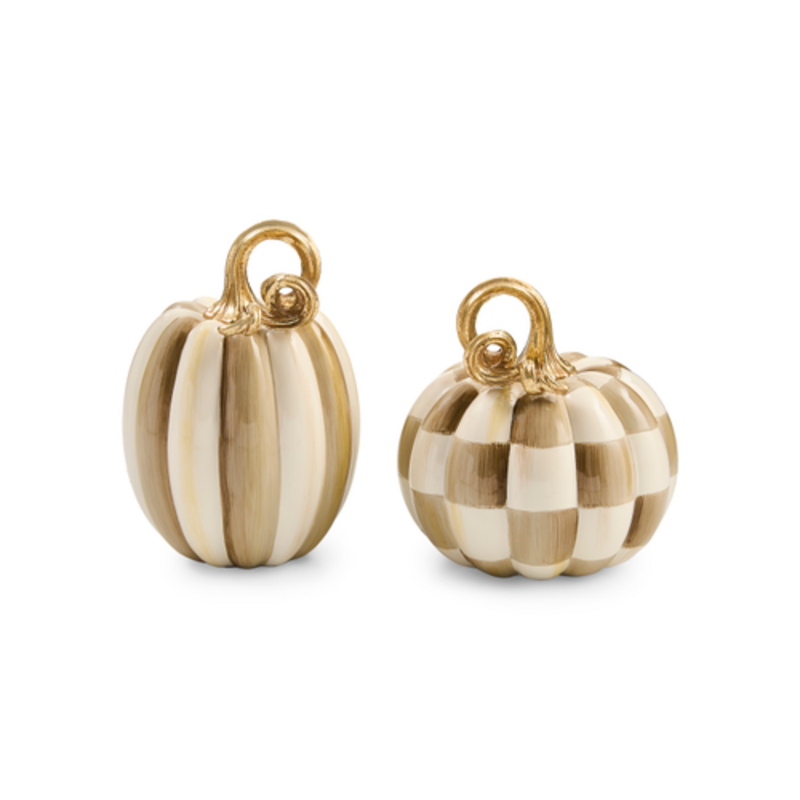 Mackenzie-Childs mocha check and stripe petite pumpkins, set of 2