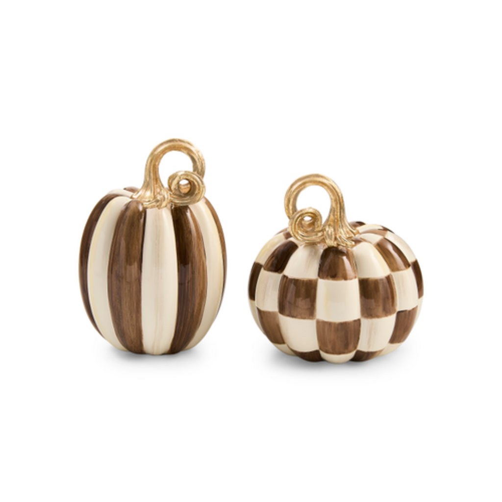 Mackenzie-Childs chocolate check and stripe petite pumpkins, set of 2