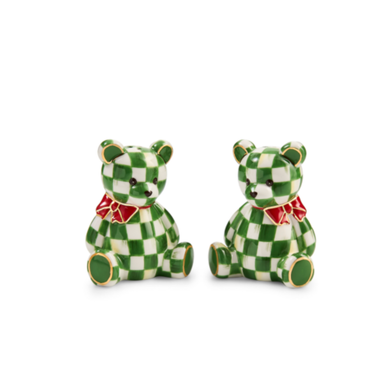 Mackenzie-Childs emerald check holiday bear salt & pepper set