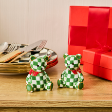 Mackenzie-Childs emerald check holiday bear salt & pepper set