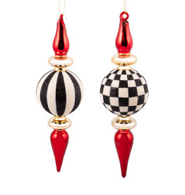 Mackenzie-Childs black & white check finial glass ornaments, set of 2