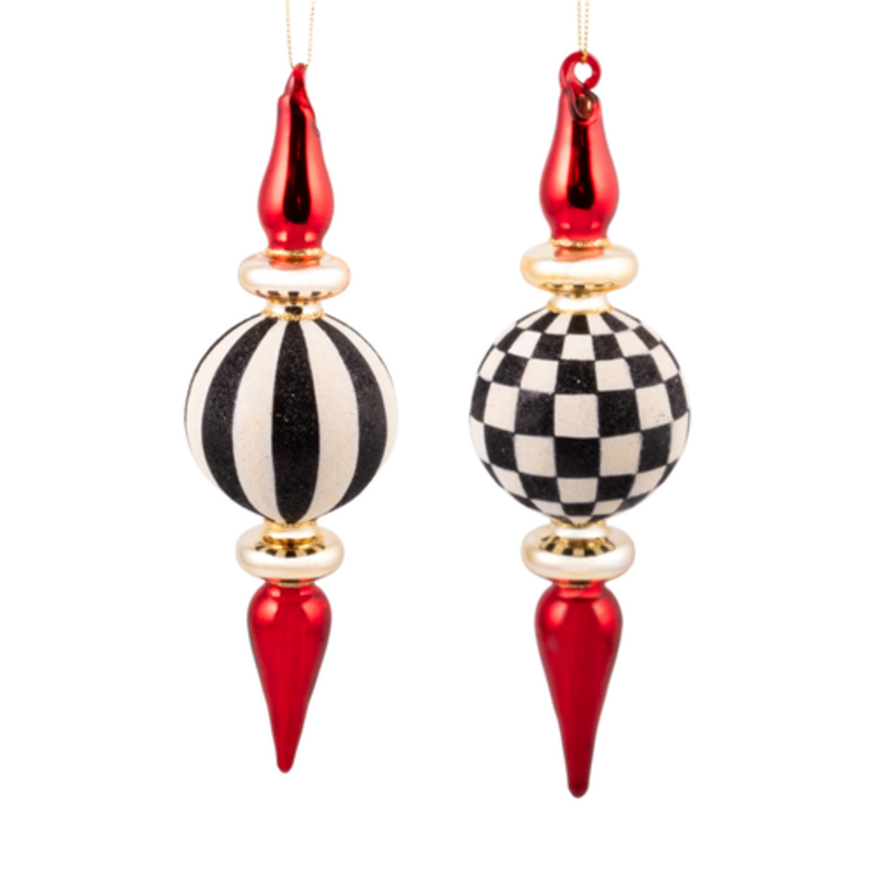 Mackenzie-Childs black & white check finial glass ornaments, set of 2