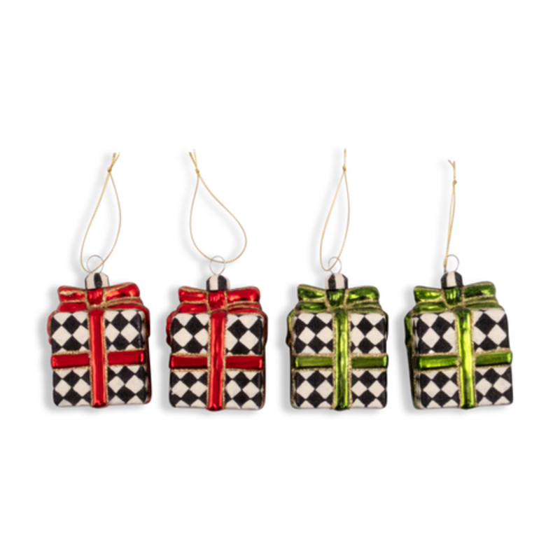 Mackenzie-Childs red & green giftbox glass ornaments, set of 4