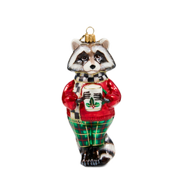 Mackenzie-Childs tartan raccoon glass ornament