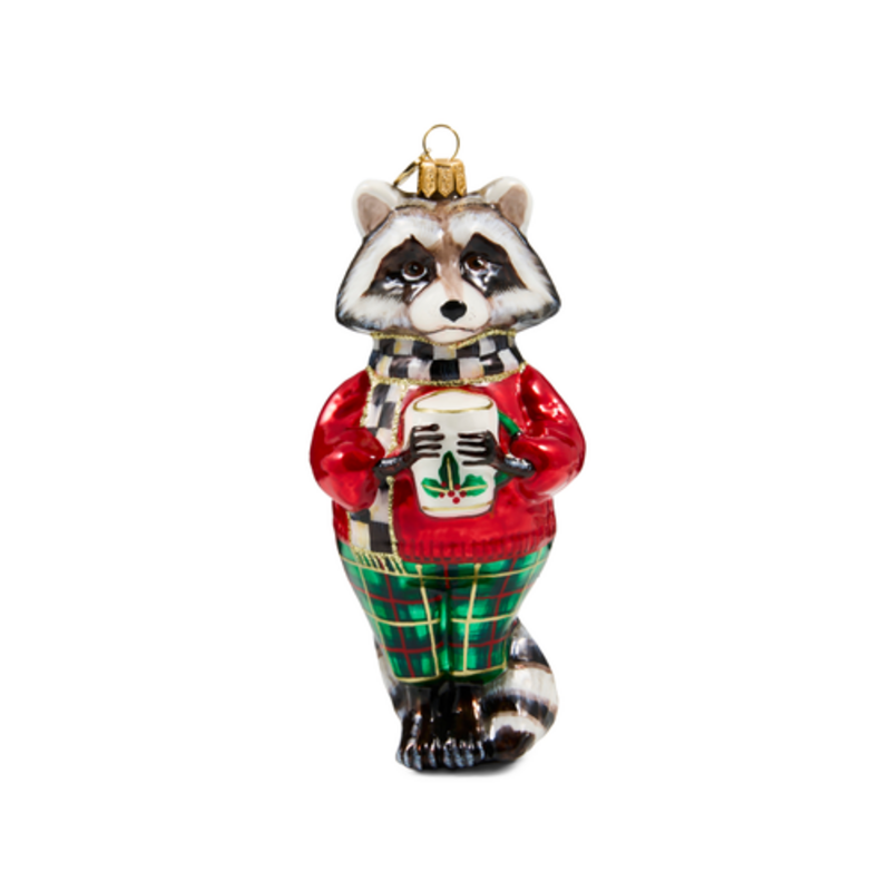 Mackenzie-Childs tartan raccoon glass ornament