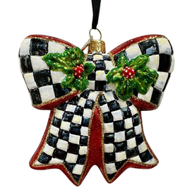 Mackenzie-Childs courtly check holly bow glass ornament