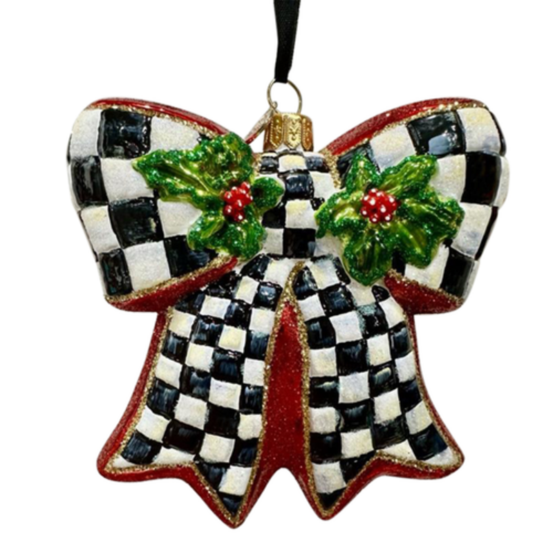 Mackenzie-Childs courtly check holly bow glass ornament