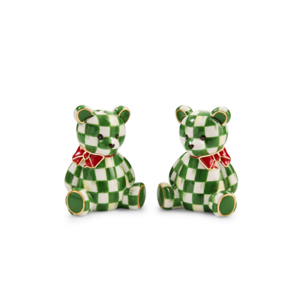 Mackenzie-Childs emerald check holiday bear salt & pepper set