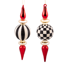 Mackenzie-Childs black & white check finial glass ornaments, set of 2