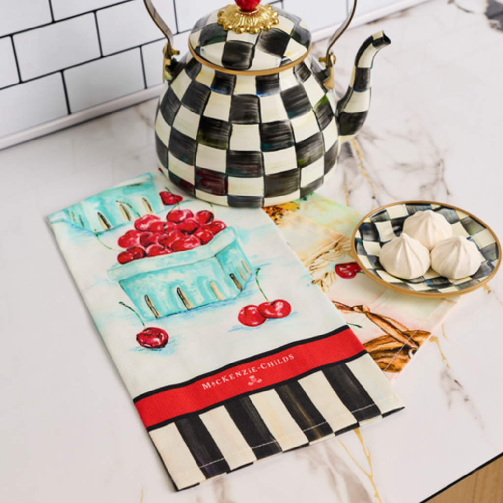 Mackenzie-Childs cherry bake shop printed dish towel