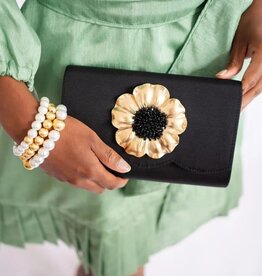 Ruby Scalloped Clutch- Faille Black - Large Poppy