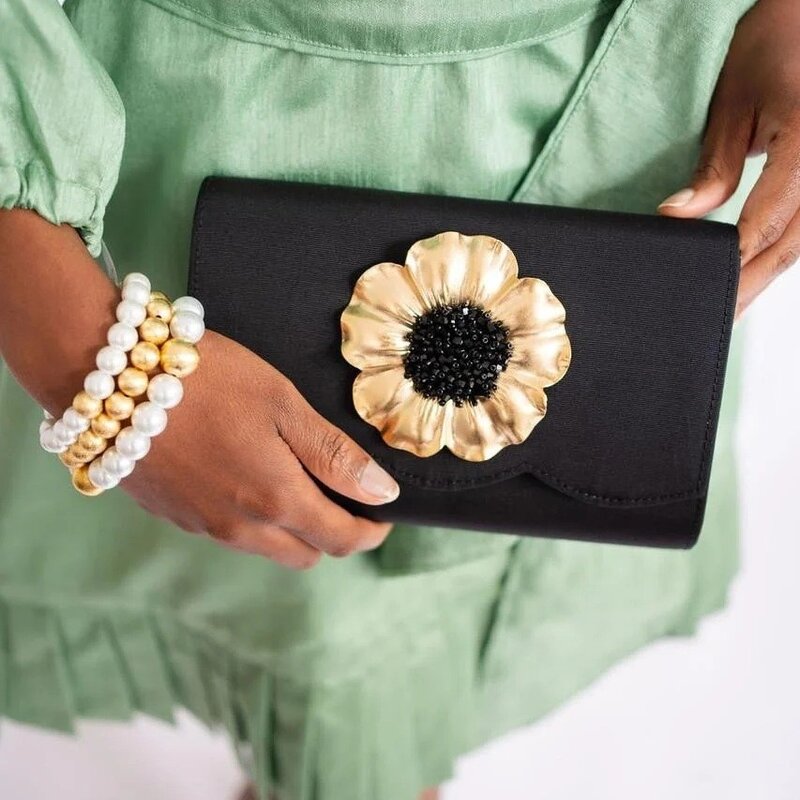 Ruby Scalloped Clutch- Faille Black - Large Poppy
