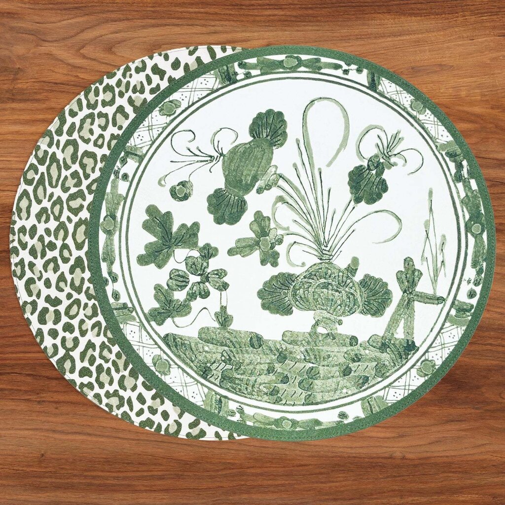 Beatriz Ball VIDA Faenza and Leopard Reversible Round Placemats Set of 4 (White & Green)