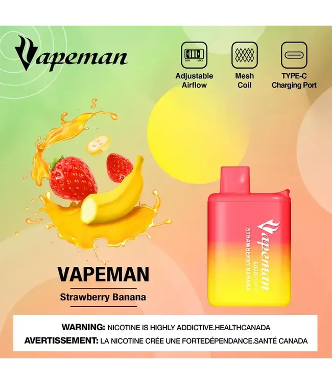 VAPEMAN 6000 Puff Disposable (single) Strawberry Banana