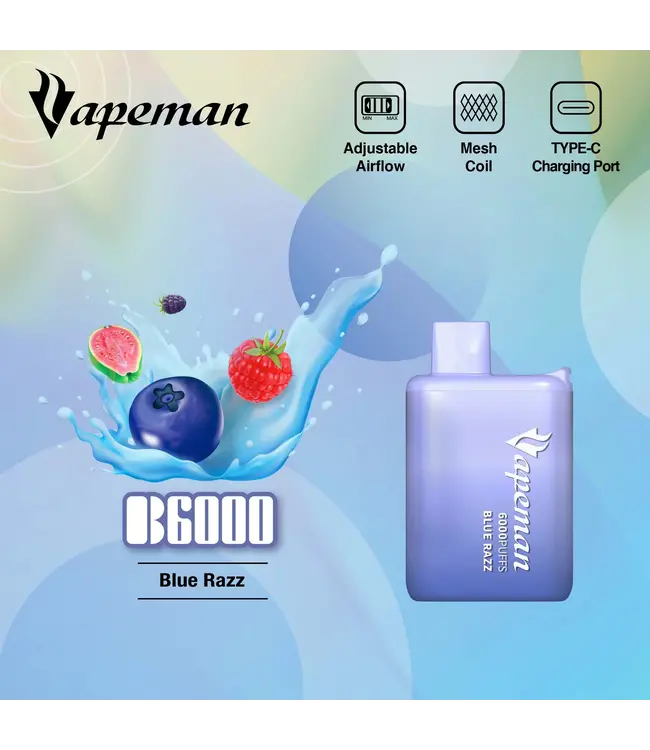VAPEMAN 6000 Puff Disposable (single) Blue Razz