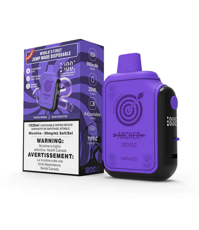 VAPMOD Archer 12,000 Puff Disposable (single) Purple Wings