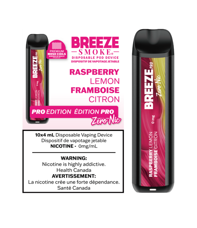 BREEZE PRO ZERO NIC 2000 Puff Disposable (Single) Raspberry Lemon (ONTARIO)
