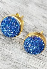 Gold Druzy Quartz Studs Earrings 9MM - Blue