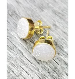 Gold Druzy Quartz Studs Earrings 9MM - Rainbow White