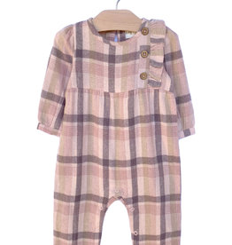 City Mouse Side Button Flannel Romper - Rosewood