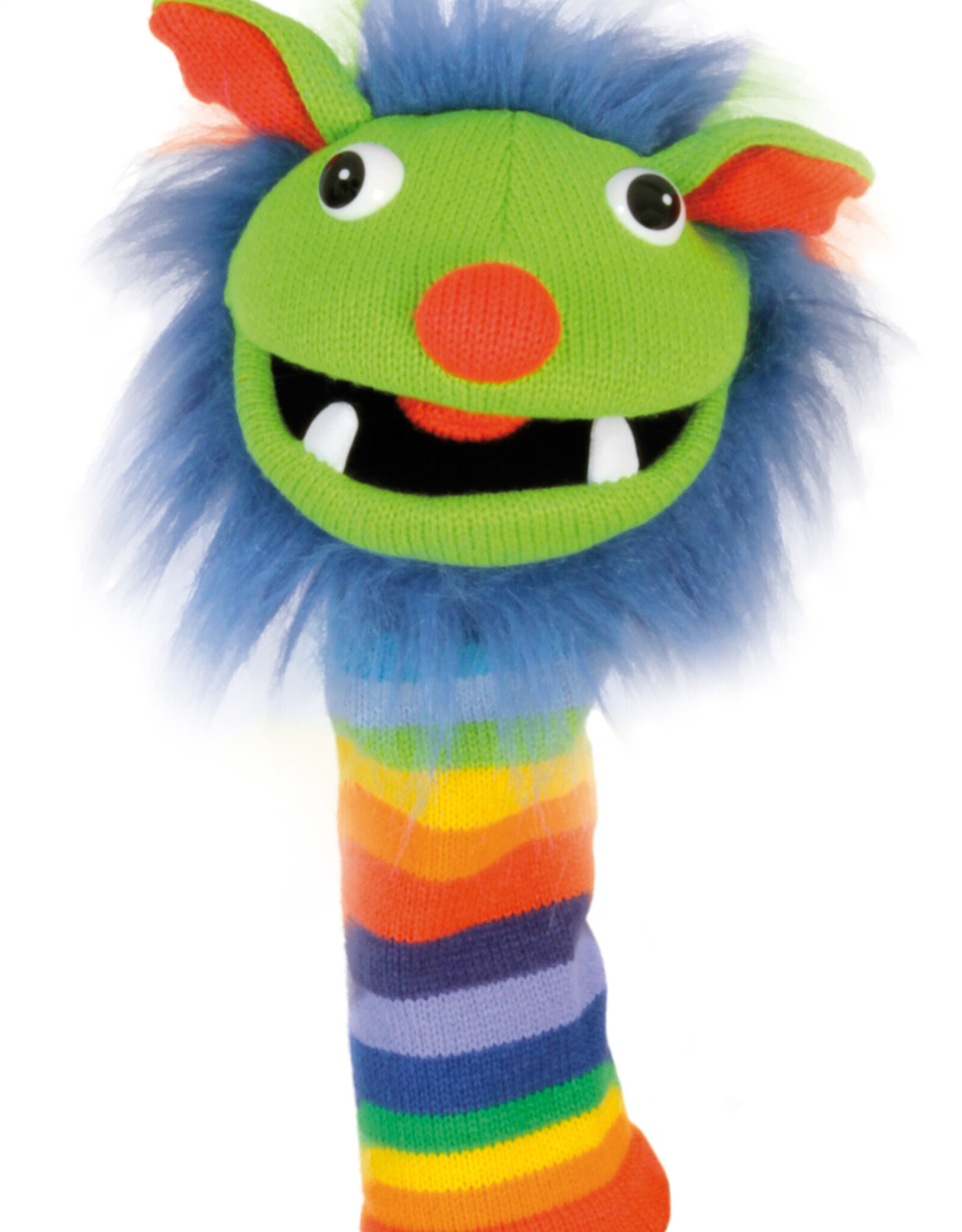 Knitted Puppet, Rainbow, Green Face & Rainbow Neck