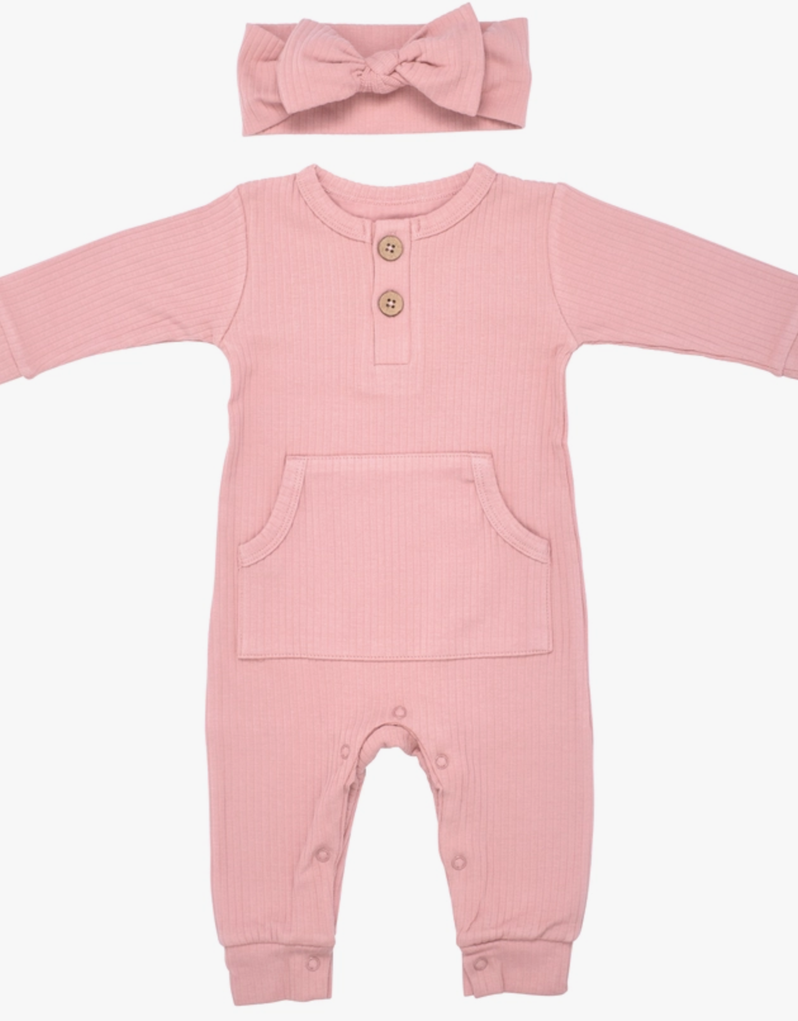 Three Little Tots Ribbed Playsuit w/ Pockets & Bow, Dusty Rose