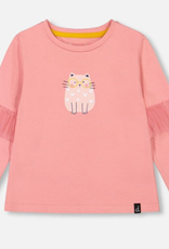 Deux Par Deux Pink Tee with Cat, Tulle Detail on Sleeves