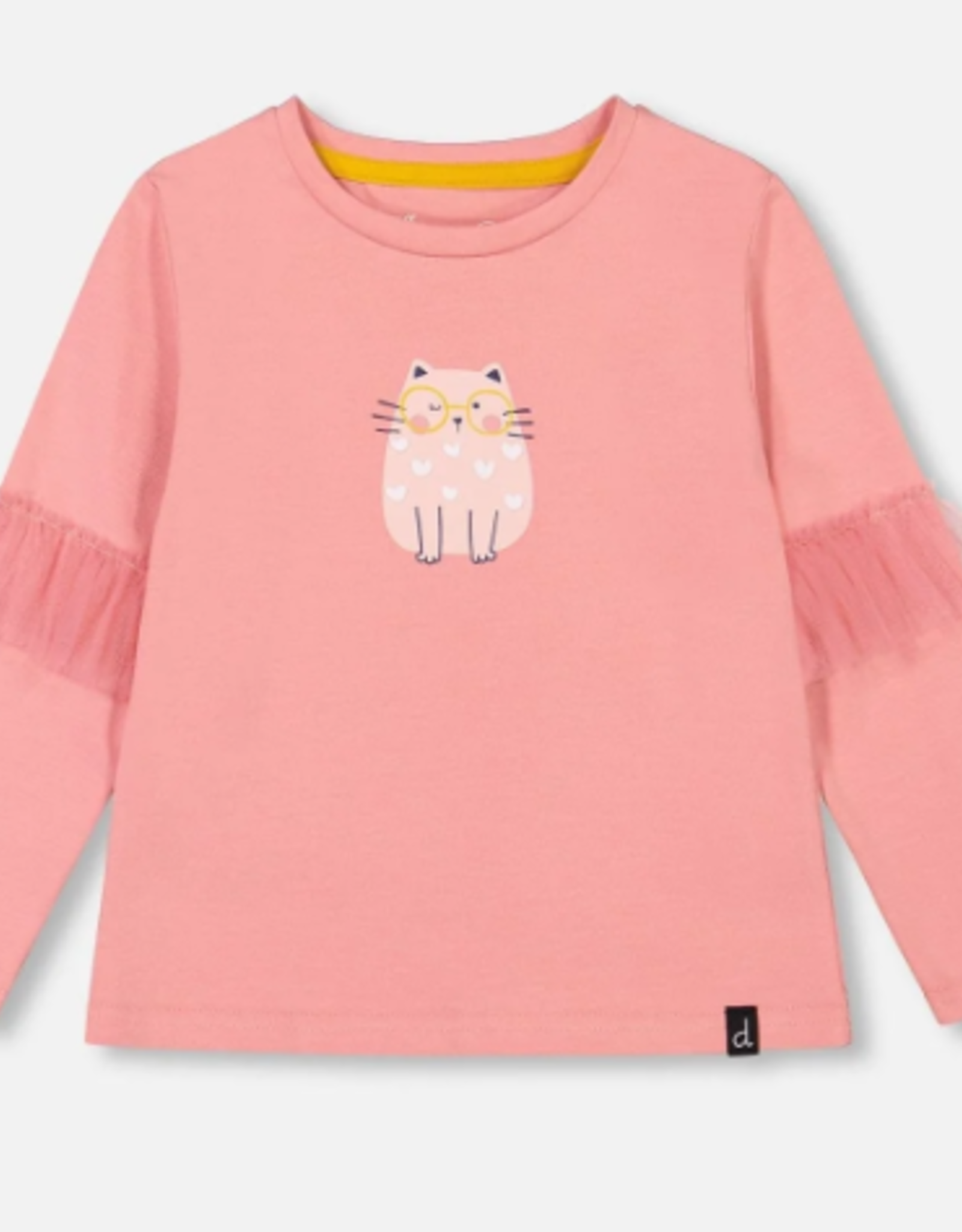 Deux Par Deux Pink Tee with Cat, Tulle Detail on Sleeves