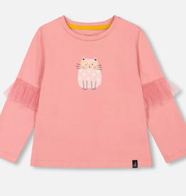 Deux Par Deux Pink Tee with Cat, Tulle Detail on Sleeves