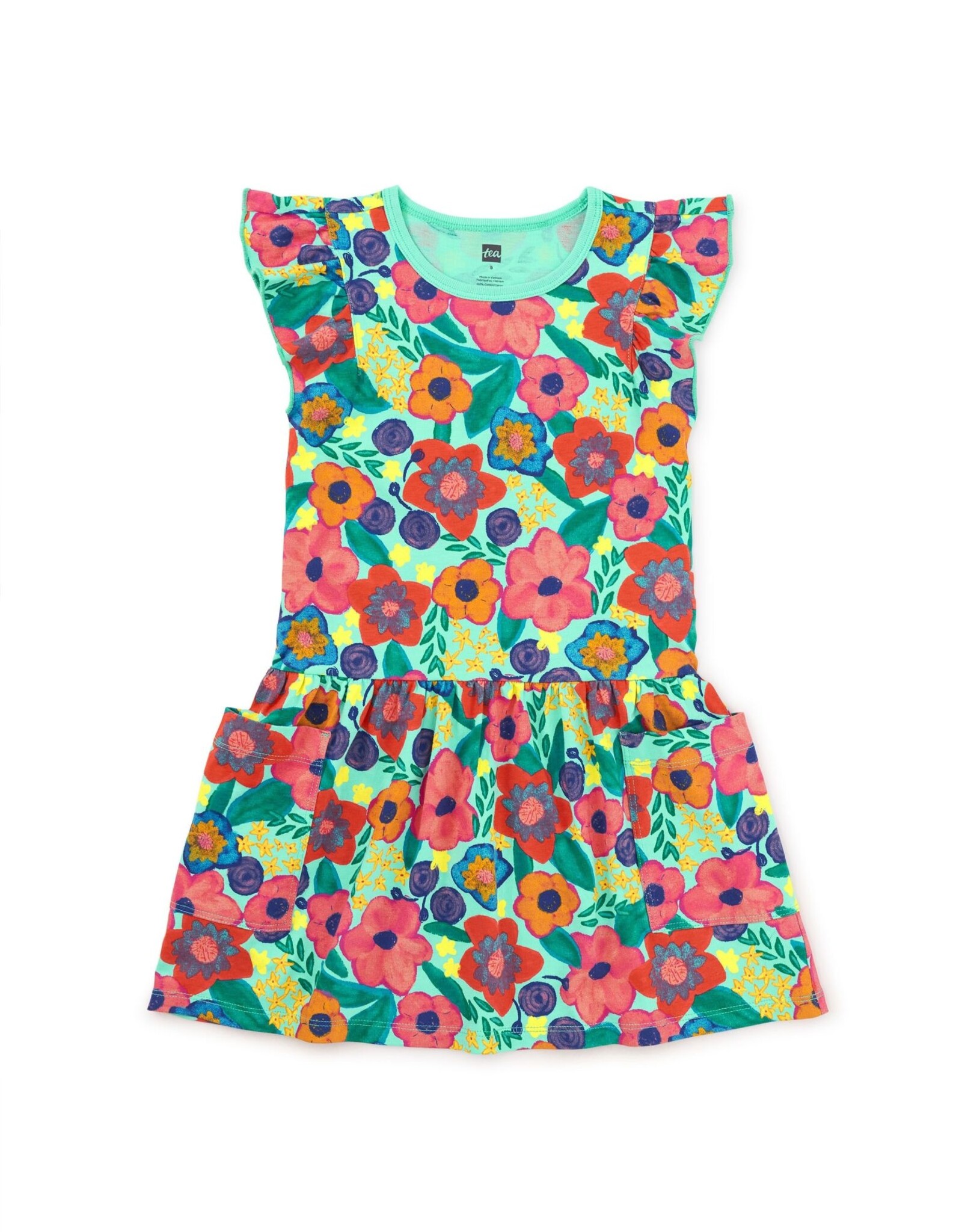 Tea Flutter Sleeve Pocket Dress, Painterly Floral