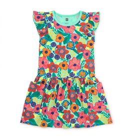 Tea Flutter Sleeve Pocket Dress, Painterly Floral