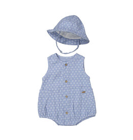 Mayoral Newborn Romper w/Hat, Blue Diamond Print