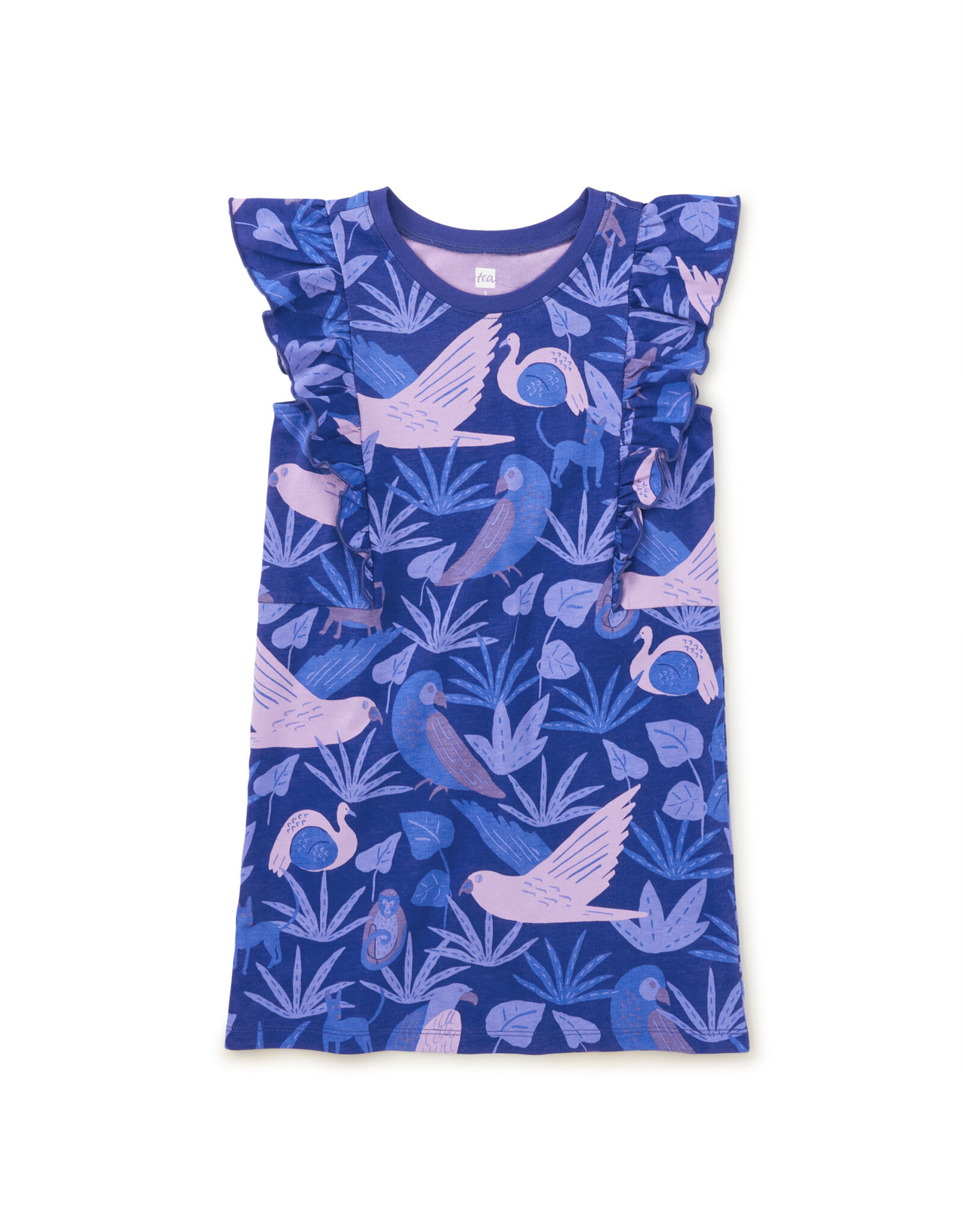 Tea Sleeveless Ruffle A-Line Dress, Frida's Animales in Tonal Blue
