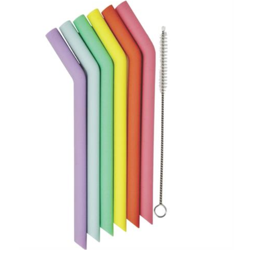 Danesco Reusable Silicone Mini Straws Set of 6 with 1 Cleaning Brush