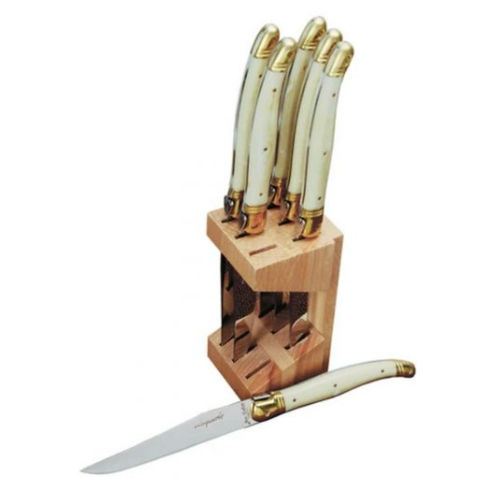 Laguiole Laguiole Steak knife set in block IVORY BRASS BOLSTER Laguiole Laguiole Steak knife set in block IVORY BRASS BOLSTER