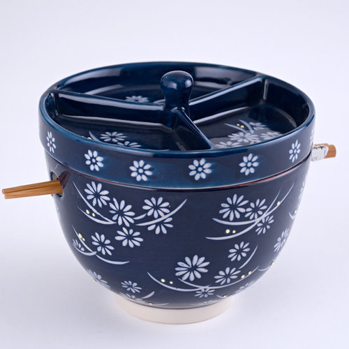 Nicetys Import JAPANESE BOWL with Condiment Divided Lid & Chopsticks 591ml -DARK BLUE Nicetys Import JAPANESE BOWL with Condiment Divided Lid & Chopsticks 591ml -DARK BLUE