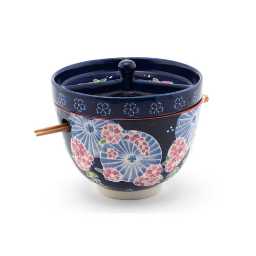 Nicetys Import JAPANESE BOWL with Condiment Divided Lid & Chopsticks 591ml -BLUE Nicetys Import JAPANESE BOWL with Condiment Divided Lid & Chopsticks 591ml -BLUE