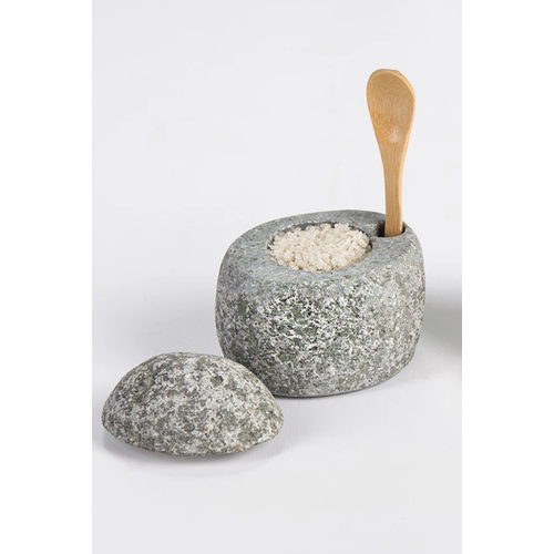 FUNKY ROCK DESIGNS BEACH STONE SALT CELLAR with Bamboo Spoon FUNKY ROCK DESIGNS BEACH STONE SALT CELLAR with Bamboo Spoon