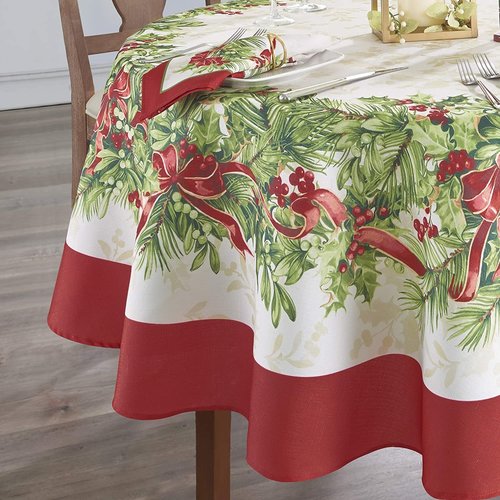 Texstyles Deco TC XMAS Poly 70” Round Holly Border Beige Texstyles Deco TC XMAS Poly 70” Round Holly Border Beige