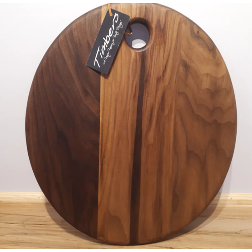 TIMBERS CHARCUTERIE BOARD WALNUT - 16 x 14 w/hole - OVAL TIMBERS CHARCUTERIE BOARD WALNUT - 16 x 14 w/hole - OVAL