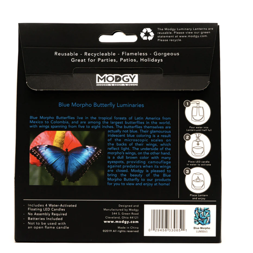 MODGY Luminary Lantern Blue Morpho Butterfly & Water Activated LED Candles 4 Each