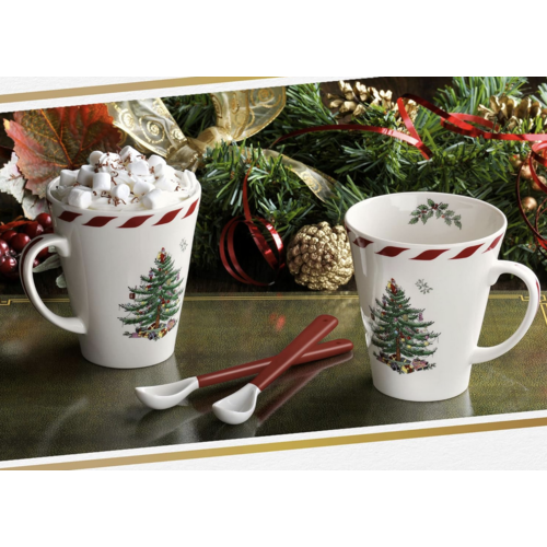 Spode Christmas Tree Peppermint Mugs with Spoons Set of 2
