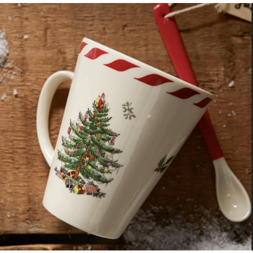 Spode Christmas Tree Peppermint Mugs with Spoons Set of 2