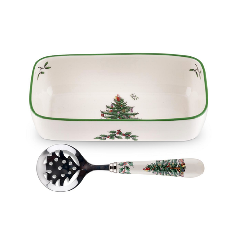 Spode Christmas Tree Cranberry Server with Slotted Spoon