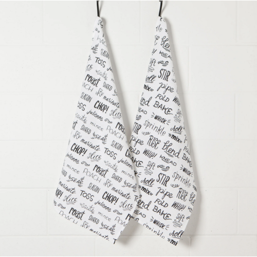 Now Designs Tea Towel Floursack Kitchen Words Black Set of 2