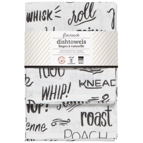 Now Designs Tea Towel Floursack Kitchen Words Black Set of 2