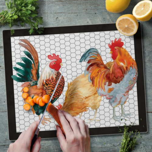 CounterArt Glass Cutting Board Whimsical Roosters